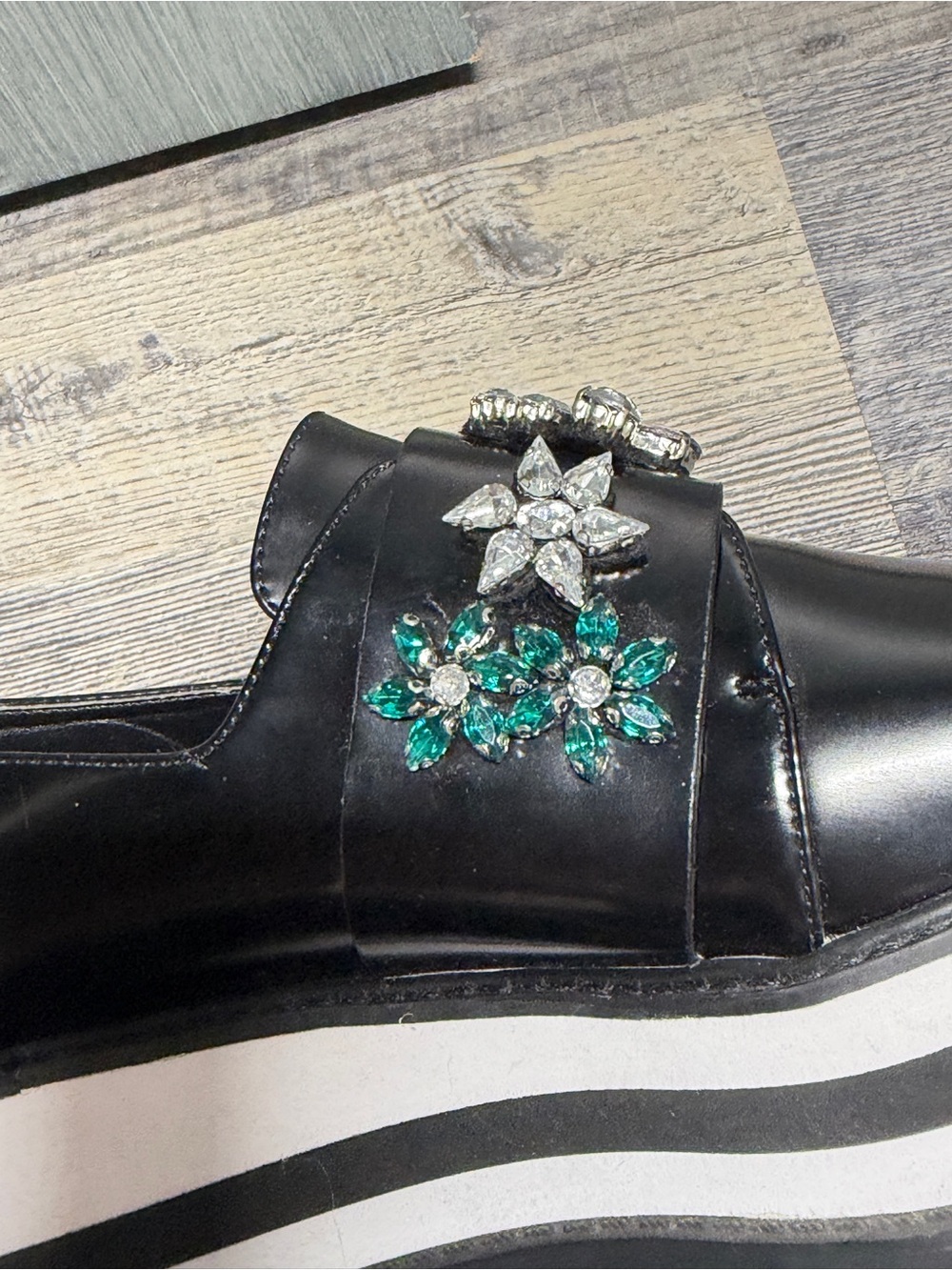 Zara Trafaluc Jeweled Platform Loafers Black Rhinestone Floral Shoes EU 39 US 8 - Picture 13 of 14
